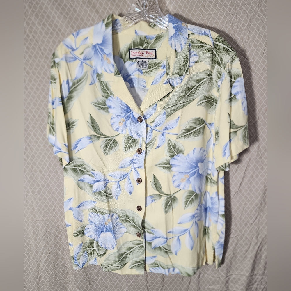 Jamaica Bay Light Yellow/Blue Tropocal Floral Button Down Shirt Men's Large